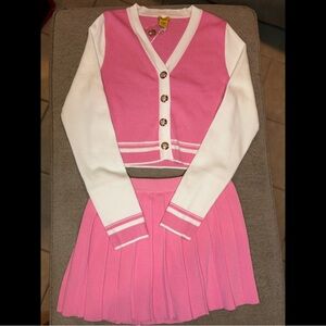 Pink and White Cardigan and Skirt Set